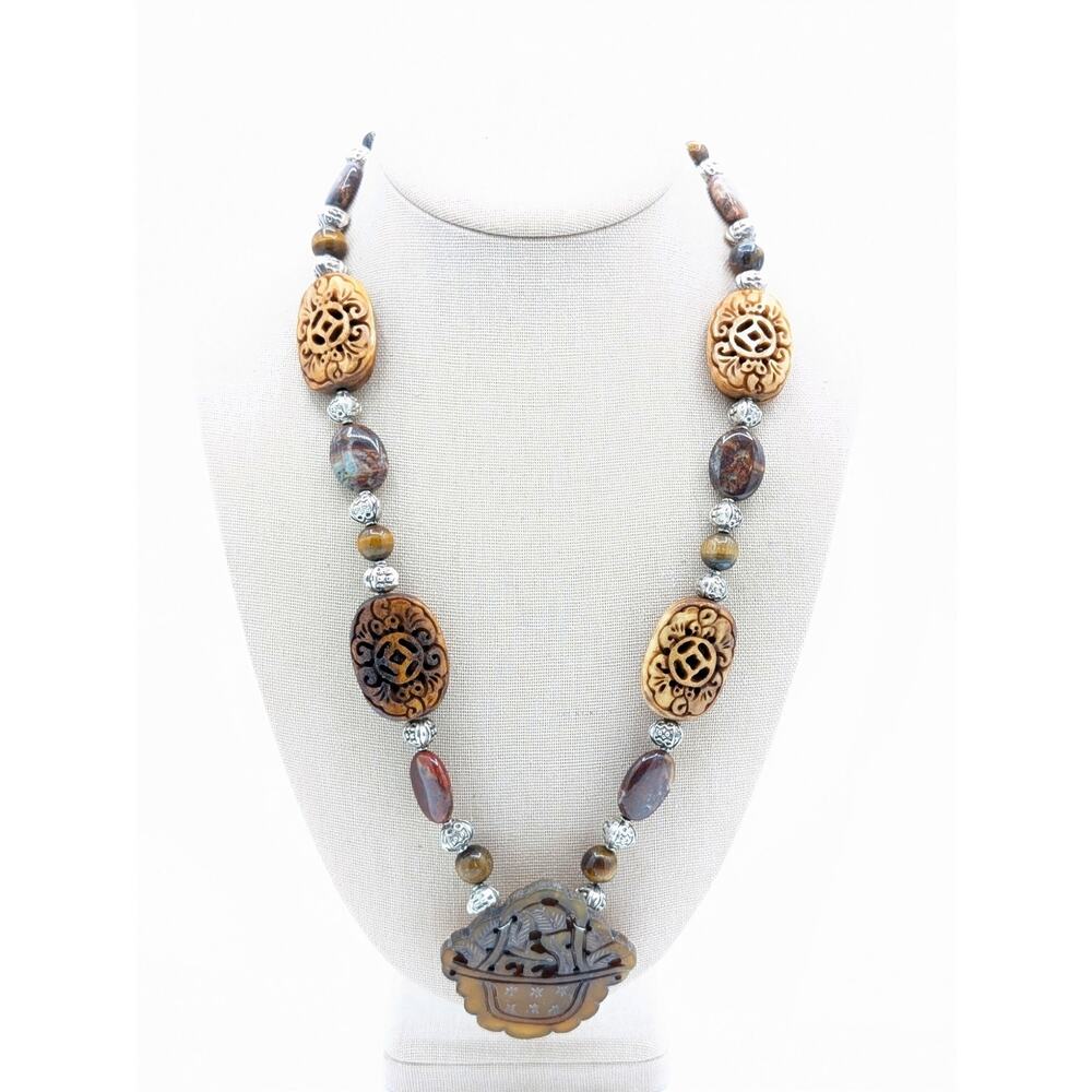 Silver Tone Jasper & Tiger's Eye Carved Resin & Carved Stone Pendant Necklace